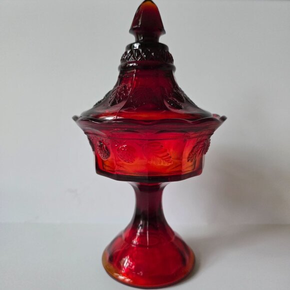 Vintage Ruby Red Glass Candy Dish With Lid & Pedestal - Picture 1 of 16